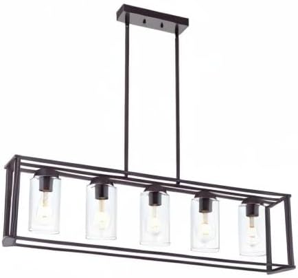 VINLUZ 5-Light Kitchen Island Chandeliers Oil Rubbed Bronze Modern Linear Cage Pendant Lighting with Clear Glass Shades Farmhouse Ceiling Light Fixtures Hanging for Dining Room Living Room