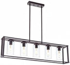 VINLUZ 5-Light Kitchen Island Chandeliers Oil Rubbed Bronze Modern Linear Cage Pendant Lighting with Clear Glass Shades Farmhouse Ceiling Light Fixtures Hanging for Dining Room Living Room