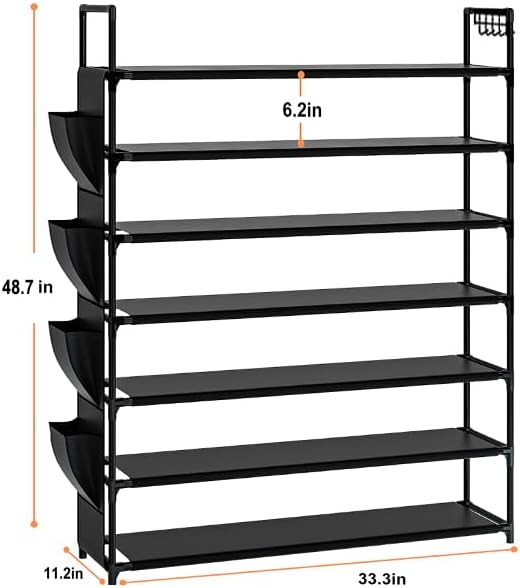 Large Capacity 7 Tier Shoe Rack, Black, 33.3in Wide x 11.2in Deep x 48.7in Tall, Holds 28-35 Pairs of Shoes, Ultra-Minimalist Style, Waterproof and Durable