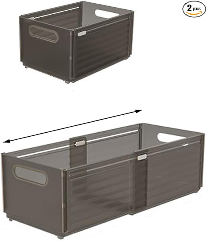 Foldable Storage Bins, 2 Pack Plastic Expandable Boxes for Organizing, Adjustable from 11-18.8" Drawer Organizers Separators Dividers for Bedroom Kitchen Utensils Tools Closet，Large Grey