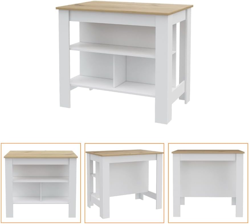 2 Piece Kitchen Set with Island and Pantry Cabinet, White/Light Oak | Includes interlocking mechanism for assembly without tools