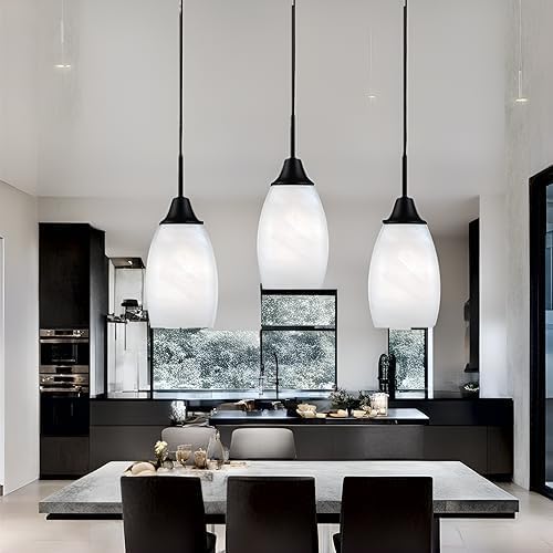 Mini Glass Pendant Light,4.72" Black White Hanging Lights 3-Pack Handblown White Oval Art Glass Hanging Pendant Light for Kitchen Island,Dining Room,Living,Foyer,Hallway, Entry