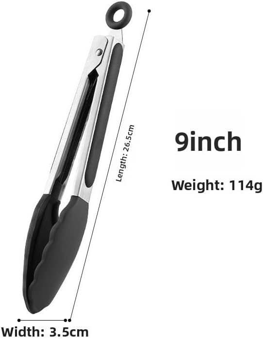 Silicone Kitchen Tongs for Cooking - 9+12 Inch Heat-Resistant Stainless Steel Cooking Tongs with Non-Slip Handle, Non-Scratch Tips for Grilling, BBQ, Salad & Air Fryer - 2-Piece Black Set