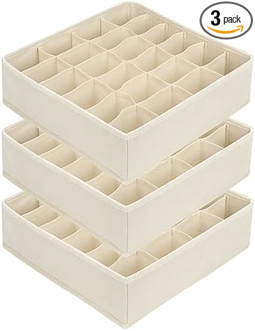 BINO 3-Pack Underwear Drawer Organizer - Beige | Sock Organizer | Drawer Organizer Dresser | Interior Drawer Organizer Storage | Dividers Dresser Drawers | Undergarment Scarf Tie Drawer Organizer
