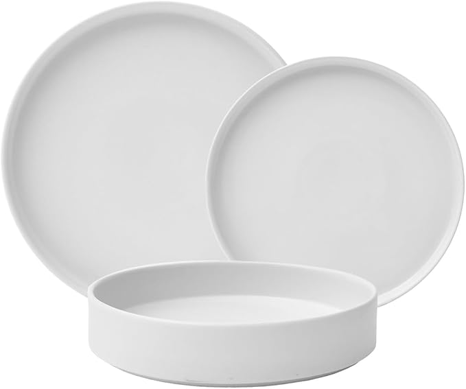 222 Fifth Kaden 12-Piece Modern White Porcelain Dinnerware Set – Service for 4, Plate & Bowl Set, Contemporary Design, for Everyday Dining & Entertainment, Microwave & Dishwasher Safe