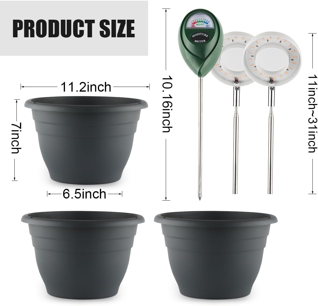 11 Inch Plant Pots with 2 x LED Grow Lights for Indoor Plants and 1 x Soil Moisture Meter - Complete Indoor Plant Care Set, 2 Pack Flower Pots with Drainage Holes and Plug, Gray