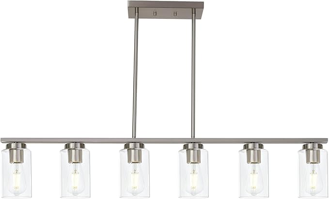 6-Light Kitchen Island Lighting with Clear Glass Shades, Modern Linear Pendant Light Fixture for Dining Room Pool Table, Brushed Nickel Finish