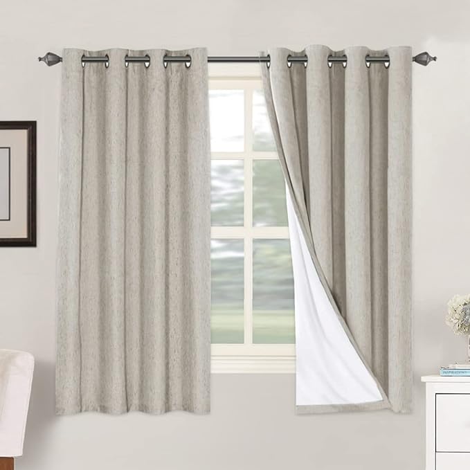 H.VERSAILTEX Linen Blackout Curtains 63 Inches Long 100% Absolutely Blackout Thermal Insulated Textured Linen Look Curtain Draperies Anti-Rust Grommet, Energy Saving with White Liner, 2 Panels, Stone