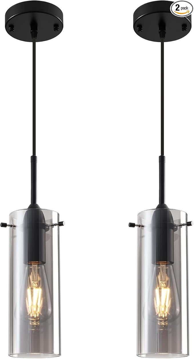 Smoke Gray Glass Pendant Light Kitchen Island, Kitchen Island Lights Ceiling Hanging, Kitchen Pendant Lights 2 Pack, Modern Clear Hanging Pendant Light for Kitchen, Living Room, Bathroom