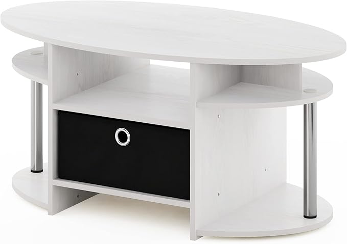 Furinno Jaya Simple Design Oval Coffee Table with Bin for Living Room, White Oak/Chrome/Black