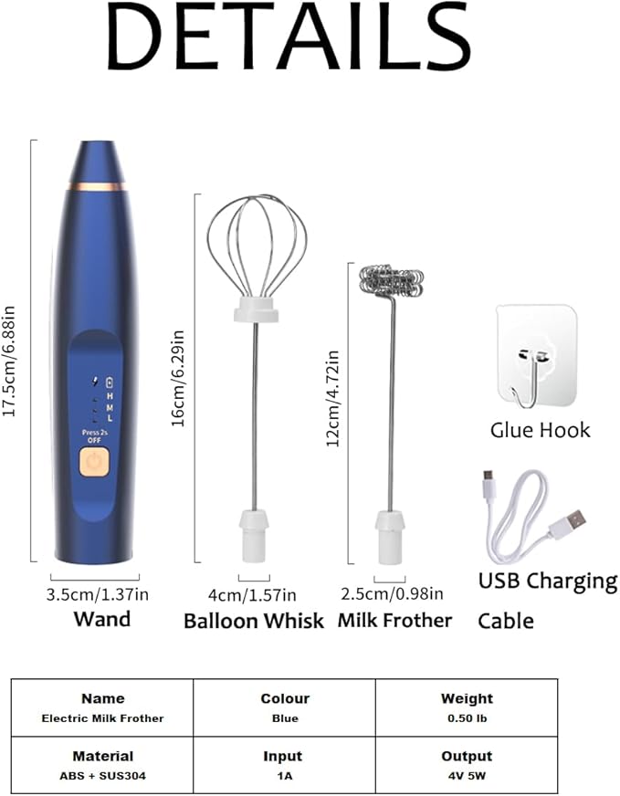 Milk Frother Handheld Foam Maker with 2 Stainless Stirring Head 3 Speed Rechargeable Electric Blender Milk Frother Wand Drink Mixer for Cappuccino Matcha Latte Hot Chocolate Protein Powder Egg (Blue)