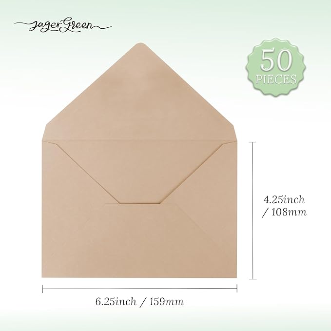 50 Pack 4x6 Envelopes Letter Size, Brown A4 Envelopes Self Seal for Wedding Invitation, Envelope 4.3x6.3 for Greeting Cards, Photos, Baby Shower, Graduation, Thank You Cards, Announcements