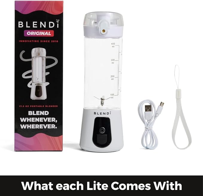 BLENDi Lite Portable Blender (17oz) – USB Rechargeable, Powerful 70W Motor for Smoothies, Protein Shakes & More – Compact, Travel-Friendly & BPA-Free (White)