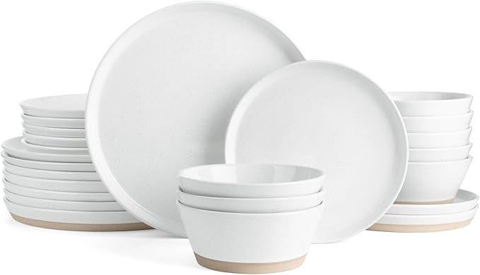 Famiware Saturn Speckled Dinnerware Sets for 8 (24 Pieces), Stoneware Plates and Bowls Dish Set - Chip and Scratch Resistant, Microwave and Dishwasher Safe, White