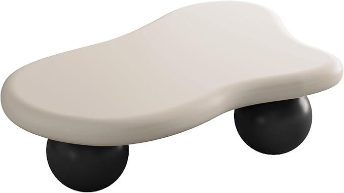 47 Inch Cloud Shaped Coffee Table with 3 Ball Legs for Living Room White Top Black Legs