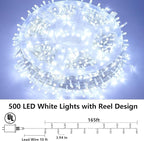 QITONG 165ft 500 LED White String Lights Outdoor Waterproof, 8 Modes Christmas Light Plug-in, Clear Wire Christmas Tree Light Indoor
