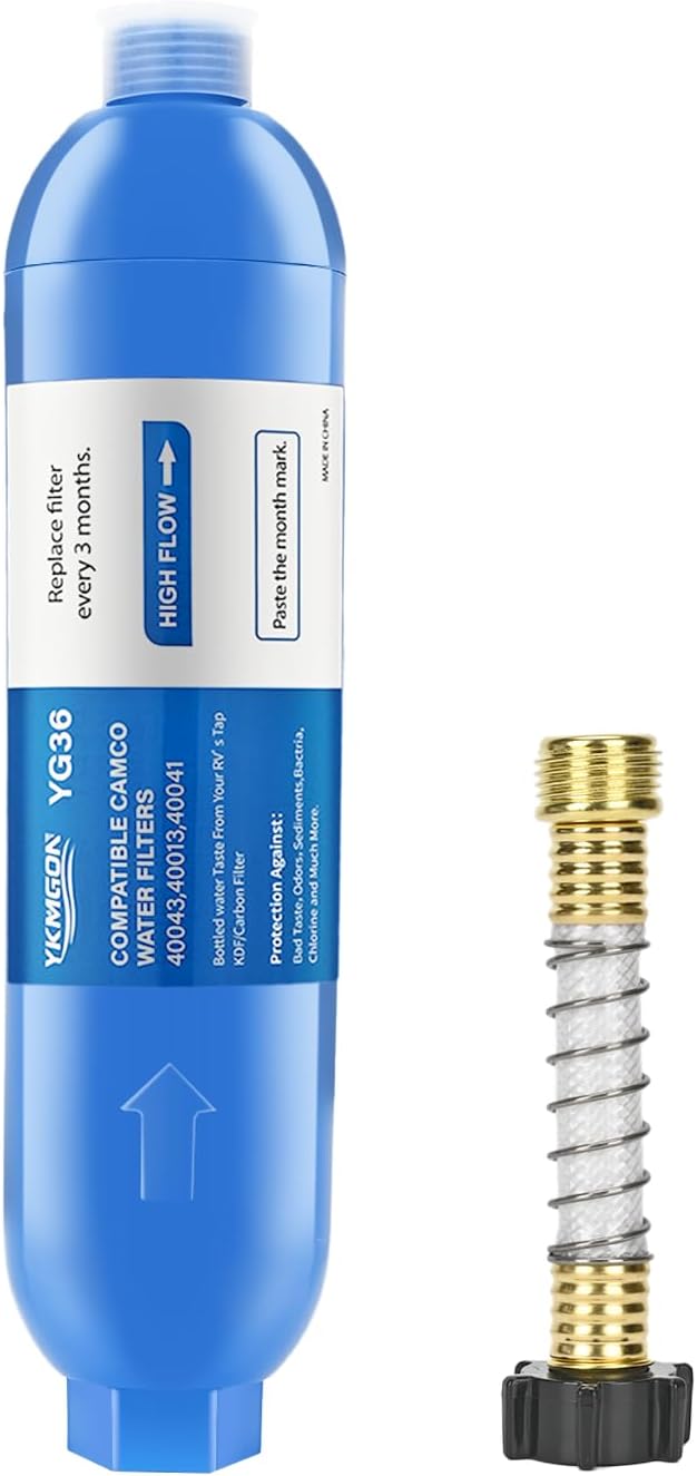 RV Inline/Marine Water Filter With Flexible Hose Protector, Reduce Bad Taste, Odors, Rust, Fluoride, Chlorine and Sediment in Drinking Water (1 Pack)