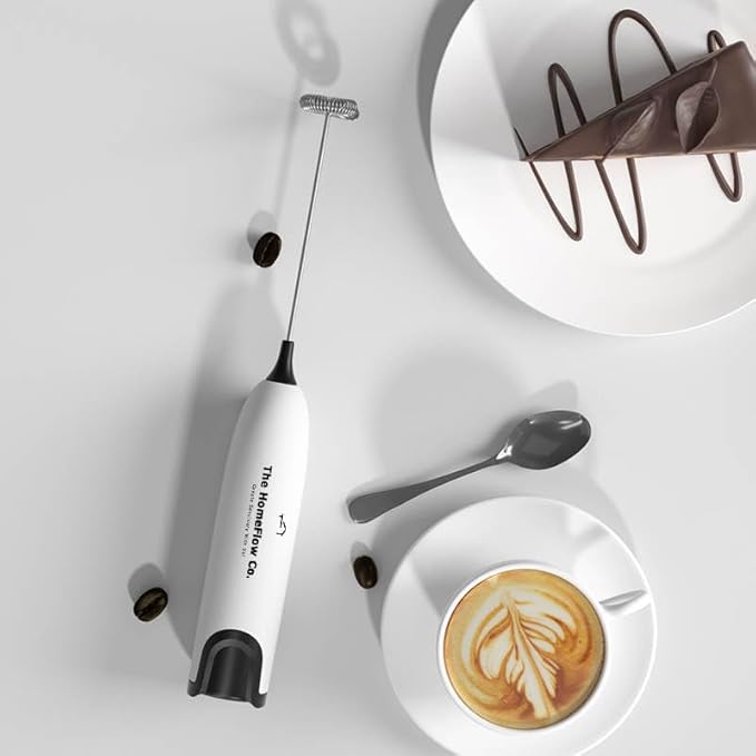 THC Handheld Milk Frother, Quick Electric Foam Maker for Coffee, Latte, Cappuccino, Matcha, Hot Chocolate, Portable Whisk Mixer Battery Operated (White & Black)