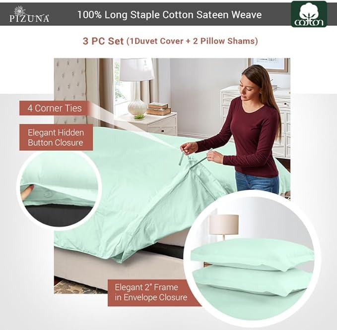 Pizuna Pure 100% Cotton Queen Duvet Cover Set, Luxurious 400 Thread Count Long Staple Cotton Sateen Weave with Button Closure (Combed Mint Green Cotton Duvet Cover Queen)