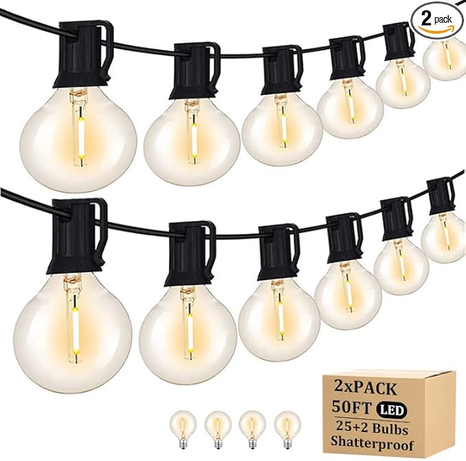 100FT Outdoor Patio Black String Lights with 52 Shatterproof G40 LED Clear Globe Bulbs for Indoor/Outdoor, 2-Pack 50FT Connectable Hanging Lights for Backyard Balcony Party Decor