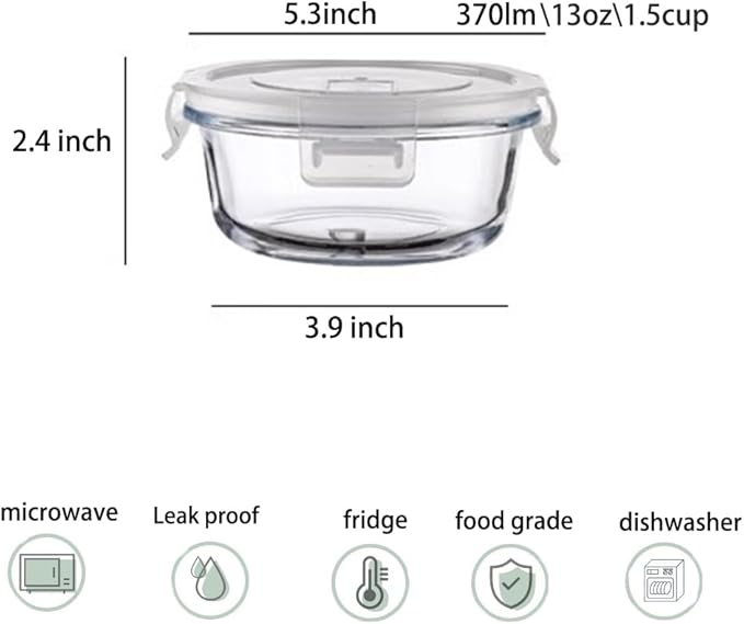 4Pack Round Glass Food Storage Containers With Lids, 1.5 Cup Round Meal Prep Bowls With Lids BPA-Free, Small Glass Food Containers for Soup Leftover, Microwave, Dishwasher, Freezer Safe