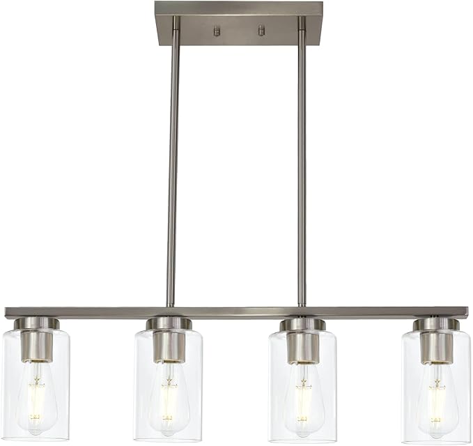 Modern Kitchen Island Light with Clear Glass Shades, 4-Lights Hanging Lighting Fixtures in Brushed Nickel for Dining Room