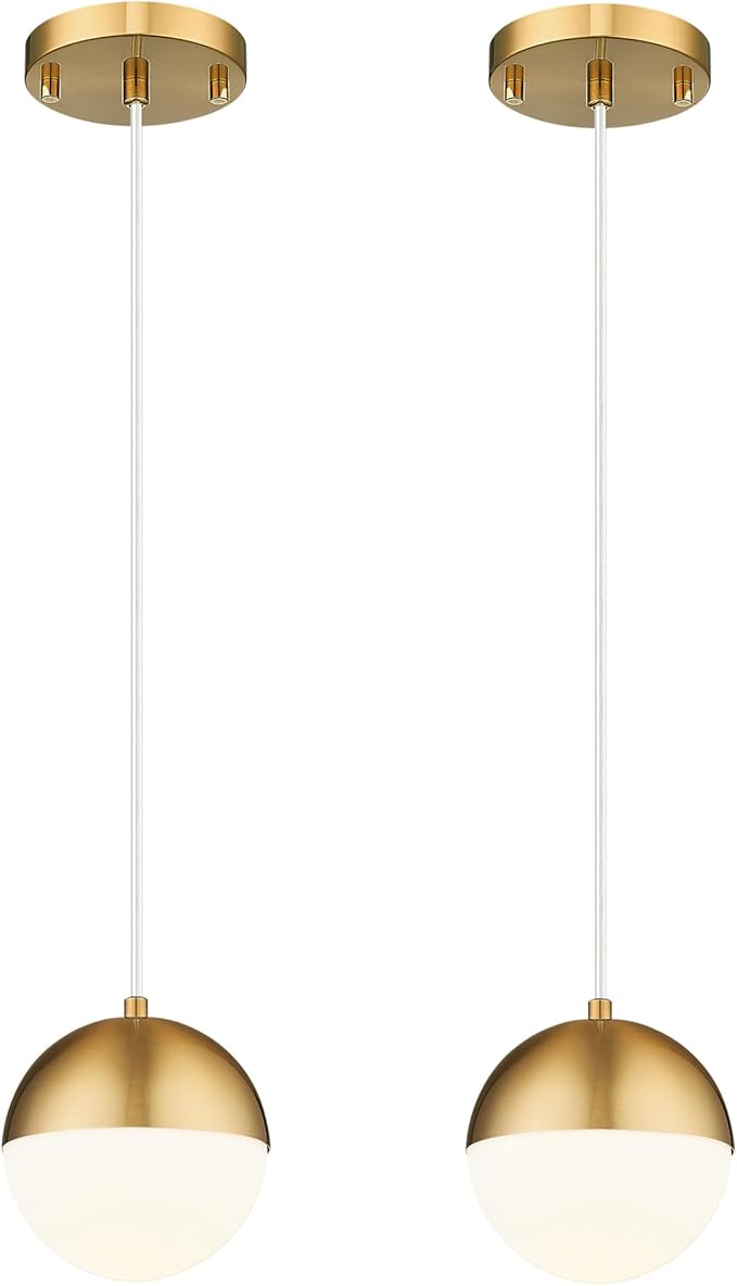 LMS Mid Century Pendant Lights, Brushed Gold Kitchen Island Light Fixtures with White Globe Glass Shade, Adjustable Hanging Cord, 2-Pack for Home Office Dining Room Bathroom, LMS-186PL-BGWS2PK