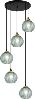 KCO Lighting 5 Light Cluster Pendant Lighting Black Globe Cluster Pendant Light Mid Century Modern Stairwell Chandelier Lighting Vintage Green Glass Pendant Light for Kitchen Island, L1170-G