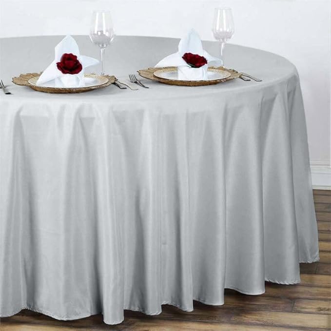 Efavormart Round Tablecloth, 108 Inch Stain & Wrinkle Resistant Washable Table Cloth, Decorative Polyester Fabric Table Cover for Banquet, Wedding, Dining- Silver
