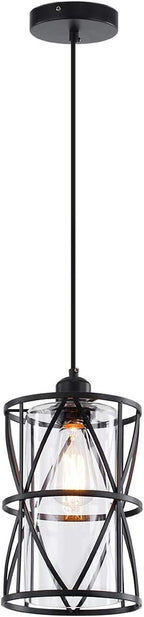 Black Industrial Metal Pendant Light with Clear Glass Shade, Transitional Cylinder Pendant Lighting Fixture for Kitchen Island Sink Counter Dining Room
