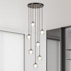 7 Lights Cluster Pendant Light, Brushed Black Modern Crystal Entryway Chandelier, High Ceiling Foyer Pendant Hanging Light Fixture for Staircase Dining Room