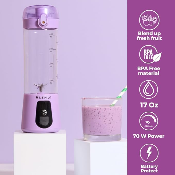 BLENDi Lite Portable Blender (17oz) – USB Rechargeable, Powerful 70W Motor for Smoothies, Protein Shakes & More – Compact, Travel-Friendly & BPA-Free (Purple)