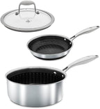Hell's Kitchen Hybrid 3 Piece Set, 8-inch Frying Pan, 2.5 Qt Saucepan and Tempered Glass Lids, Tri-Clad Stainless Steel and PFAS-Free Ceramic Nonstick, Metal Utensil Safe, All Cooktops, Oven Safe