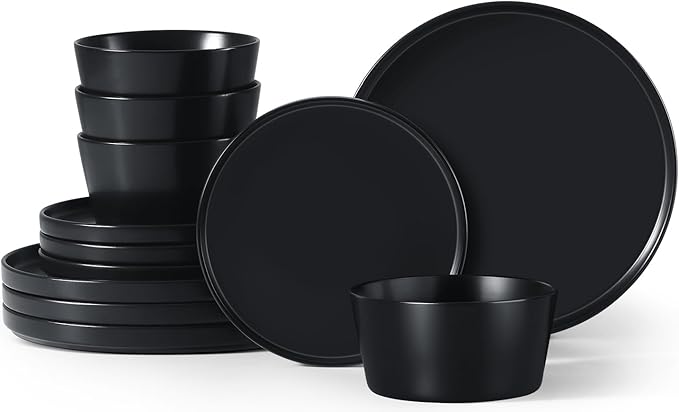 Herogo 12 Pieces Stoneware Dinnerware Set, Service for 4, Dinner Plates and Bowls Sets, Double Reactive Glaze Dishes Set for Kitchen, Scratch Resistant, Dishwasher Safe, Matte Black