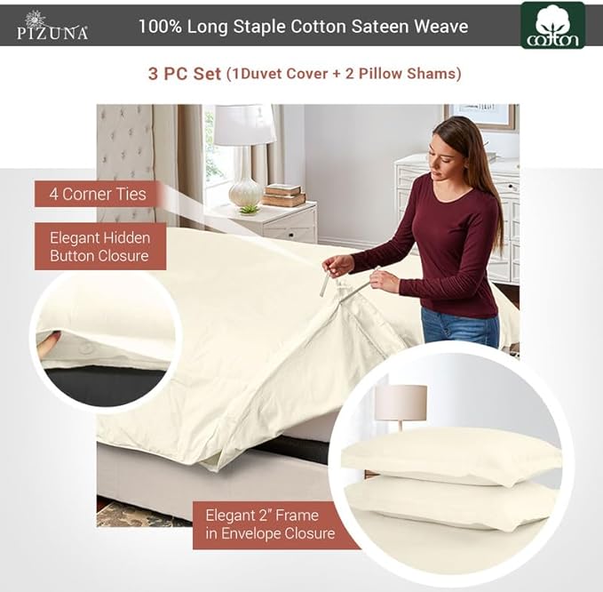 Pizuna Pure 100% Cotton King Duvet Cover Set, Luxurious 400 Thread Count Long Staple Cotton Sateen Weave with Button Closure (Combed Ivory Cotton Duvet Cover King)