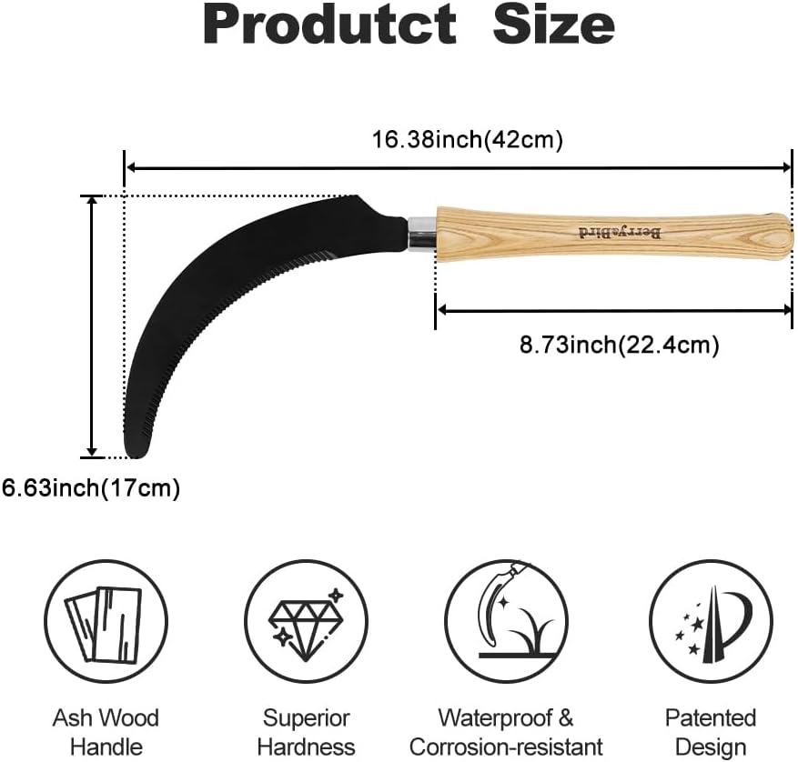 Berry&Bird Grass Sickle with Sawtooth, Heavy Duty SK5 Carbon Steel Blade Sickle Knife Scythe Garden Tool, Brush Clearing Sickle Weeding & Harvesting Tool for Gardeners/Farmers - Ashwood Handle