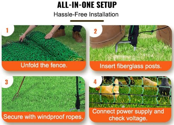 VEVOR Electric Poultry Netting, 48" H x 168' L, PE Net Fencing Kit with Posts & Double-Spiked Stakes, Utility Portable Mesh for Chickens, Ducks, Geese, Rabbits, Used in Backyards, Farms, and Ranches