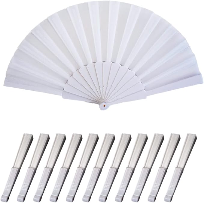 HUNANBANG 1 Dozen 12 Pieces Folding Hand Fans Church Wedding Gift, Party Favors, DIY Decoration Gift Size9 Wholesale 12pack (White 12pcs)