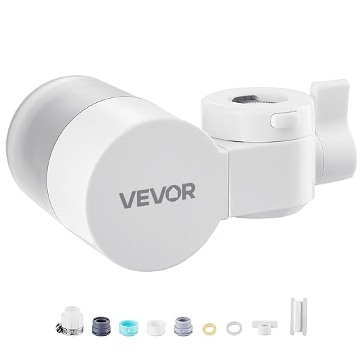 VEVOR Faucet Mount Water Filter, Horizontal Water Purifier for Sink Tap, Carbon Fiber Filters, Removes Chlorine Lead with 1 Filter, Fits Most Kitchen or Bathroom Faucets, White