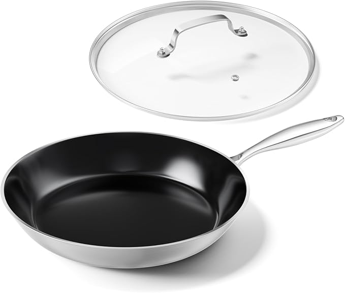 Stainless Steel Frying Pan with Lid 8.6 inch Titanium Ceramic Nonstick Frying Pan,Skillet with Stay-Cool Handle Non Toxic Healthy Ceramics Egg Pans,PFAS PFOA PTFE Free,Suitable for All Stove