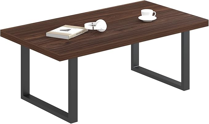 IBF Walnut Coffee Table, Minimalist Wooden Living Room Table, Modern Simple Rectangle Center Table, Vintage Rustic Wood and Metal Cocktail Tea Coffee Table for Home Bedroom Office, Walnut, 39 Inch