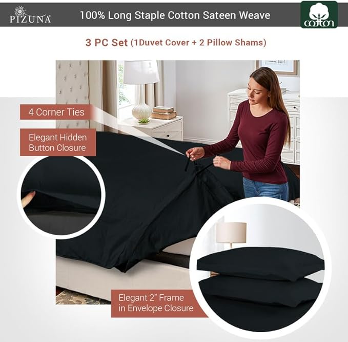 Pizuna Pure 100% Cotton King Duvet Cover Set, Luxurious 400 Thread Count Long Staple Cotton Sateen Weave with Button Closure (Combed Black Cotton Duvet Cover King)
