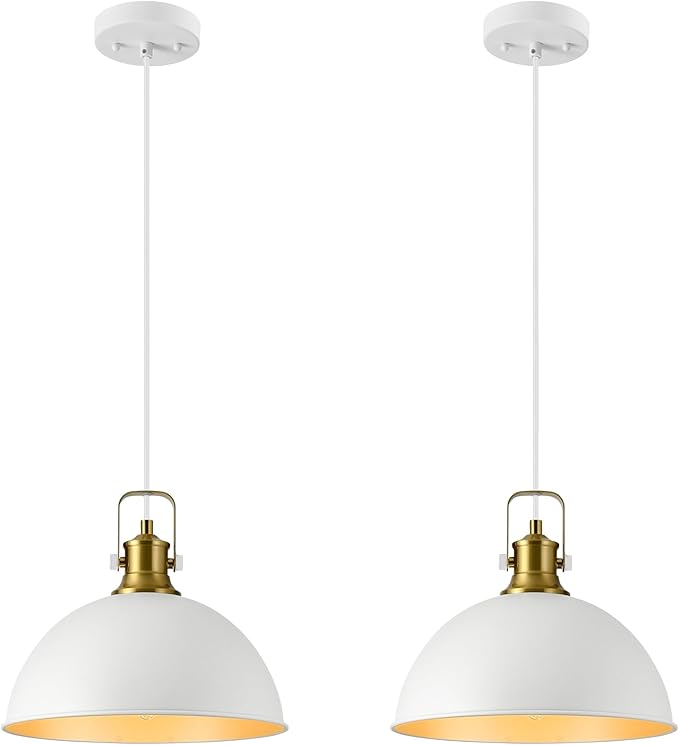 12 Inch White Farmhouse Pendant Lights for Kitchen Island Industrial Haning Lamp Adjustable Height Vintage Dome Hanging Light Fixtures for Barn, Dining Room