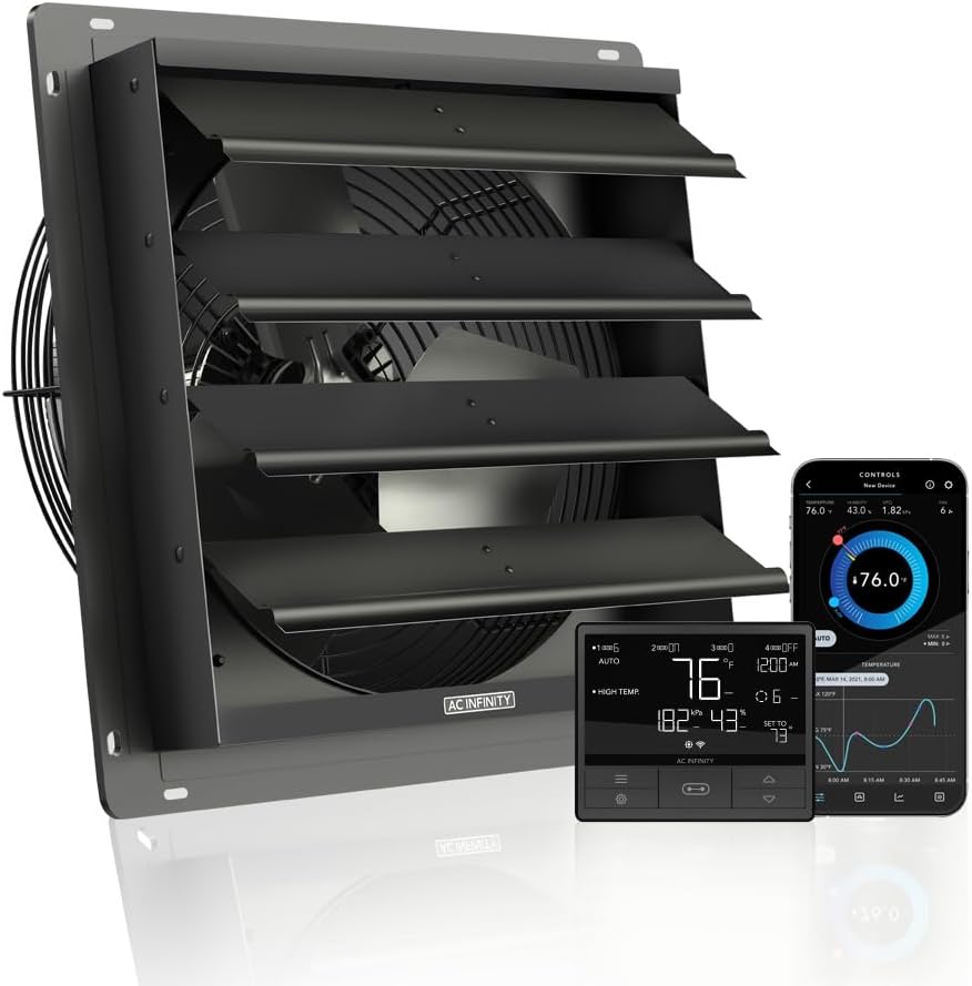 AC Infinity AIRLIFT T14, Shutter Exhaust Fan 14" with WiFi Temperature Humidity Controller, EC-Motor Wall Mount Ventilation and Cooling for Sheds, Attics, Workshops, and Greenhouses
