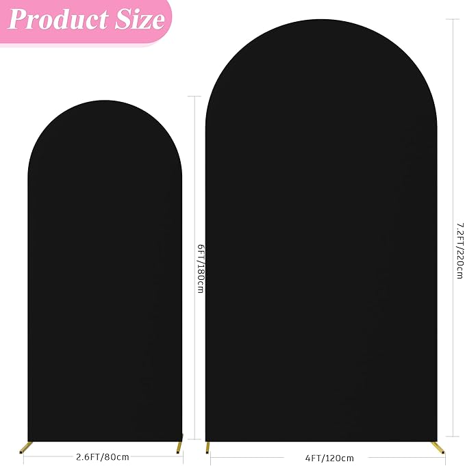 Fomcet Set of 2 Wedding Arch Cover 6FT, 7.2FT Black 2-Sided Round Top Spandex Arch Backdrop Cover Fitted Fabric for Birthday Party Baby Shower Wedding Arch Stand Decoration