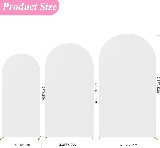 Fomcet Set of 3 Wedding Arch Cover 6FT, 6.6FT, 7.2FT White 2-Sided Round Top Spandex Arch Backdrop Cover Fitted Fabric for Birthday Party Baby Shower Wedding Arch Stand Decoration