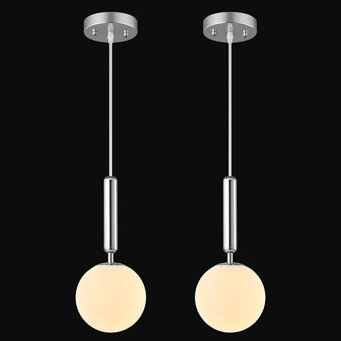 Modern Hanging Light Fixture Pendant Lighting for Kitchen Island Mid Century Chrome Pendant Lights with Globe Milky White Glass Pendant Light for Bedroom Bathroom Entryway (2 Pack)