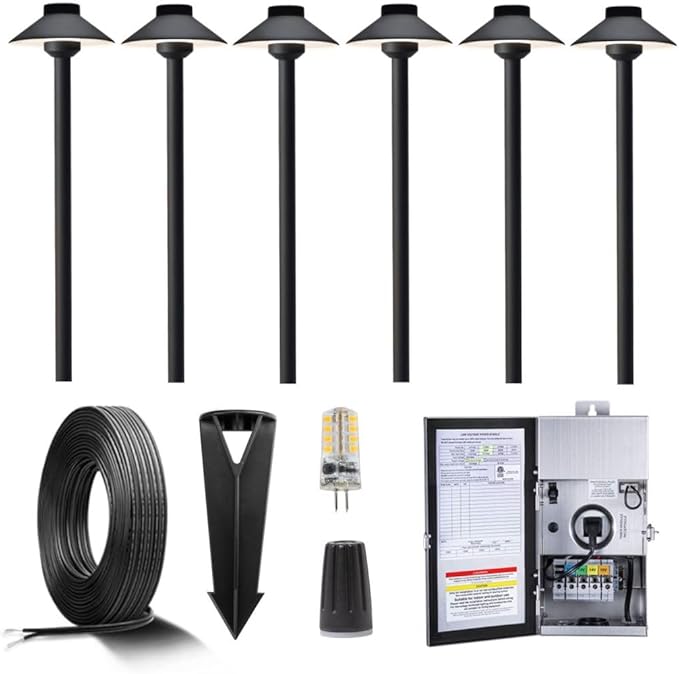 Black Brass Low Voltage Landscape Path Lights(6 Pack) Kit 12V LED with Low Voltage Transformer 150W and Mechanical Timer and 100 Feet Wire and 30Pack Connectors for Outdoor Yard Driveway