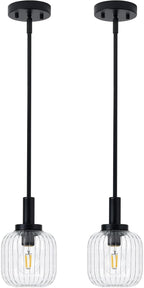Glass Pendant Lights Kitchen Island 2 Pack, 5.9" Black Modern Pendant Light with Clear Glass and Rods, Mini Hanging Lighting for Kitchen Sink Bathroom Bedroom, OS-YQ7749-2PBK
