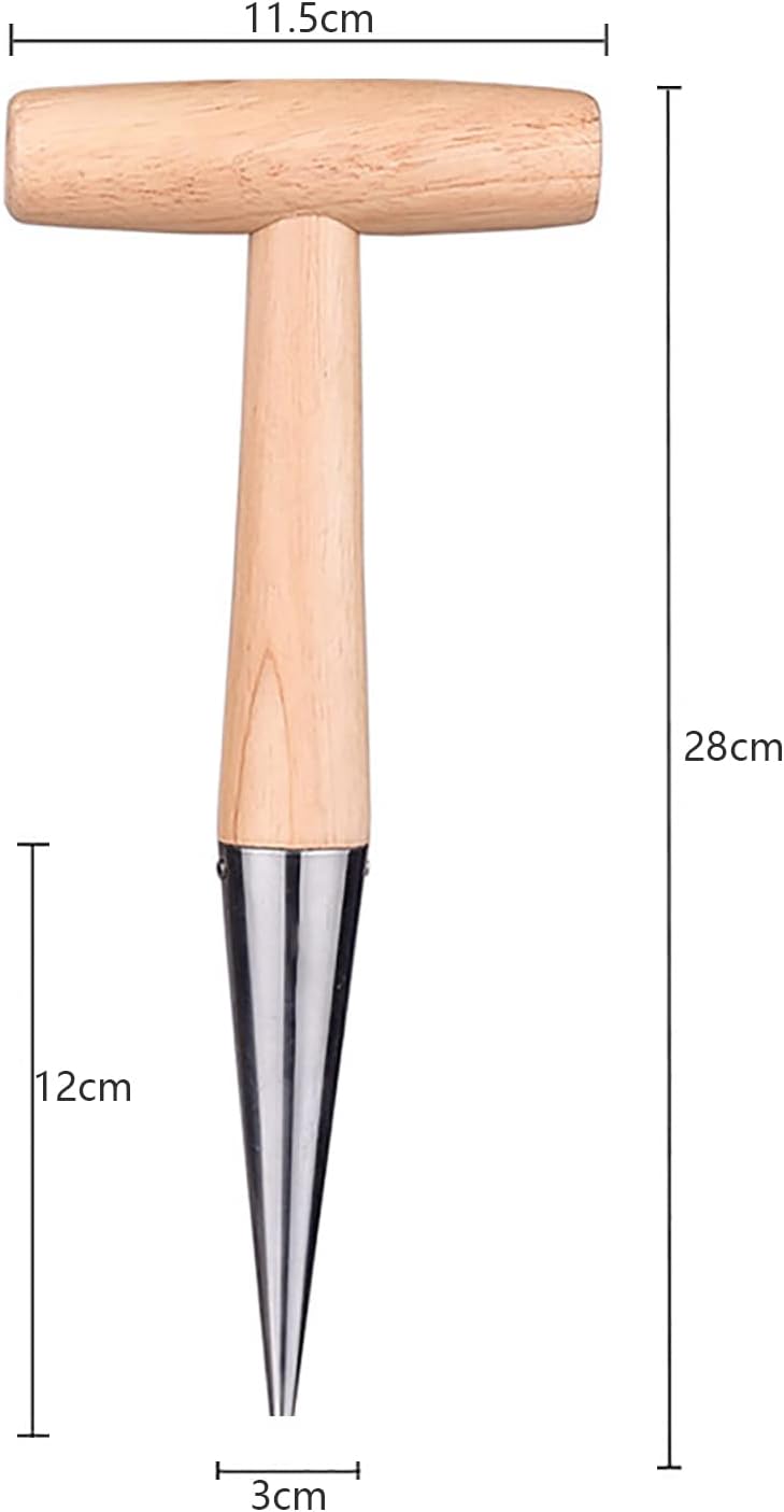 11" Stainless Steel Garden Dibber Bulb Planter with Wooden Handle, Bulb Planter for Sowing Seeds Transplanting Vegetable Flowers